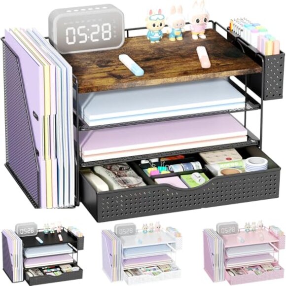 4-Tier Wood Desk Organizer with Drawer, Pen Holder & File Rack - Picture 2 of 8